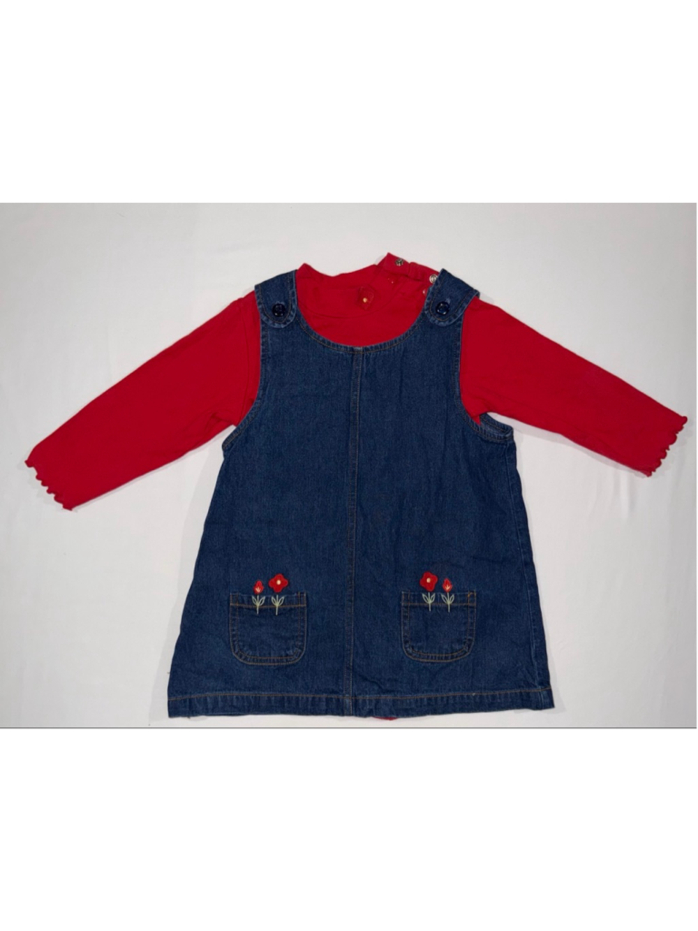 UR it Girls Blue Denim Red Jumper Dress 24 Months Flower Pocket Button Baby
